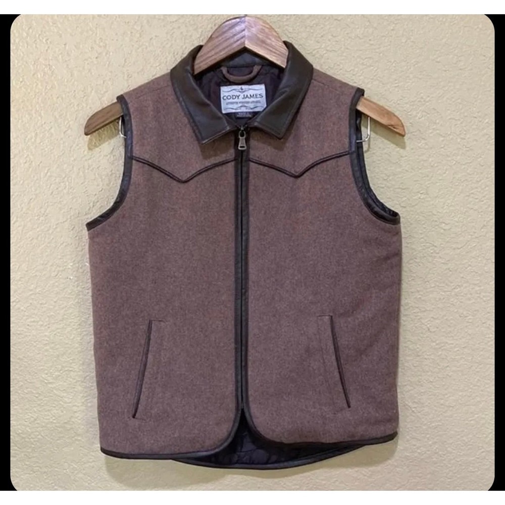 NWOT Cody James Brown Wool Vest with Leather Accents and Smooth Lining M